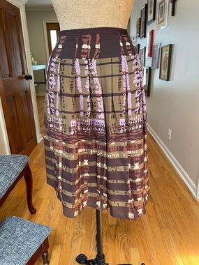 Halogen Brown and Lilac Patterned Pleated Midi Skirt